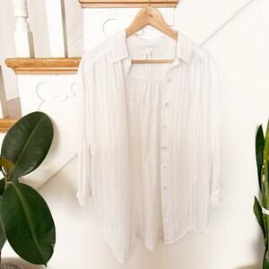 Anthropologie White Button Down Mixed Fabric Viscose Cotton Long Sleeve Blouse S